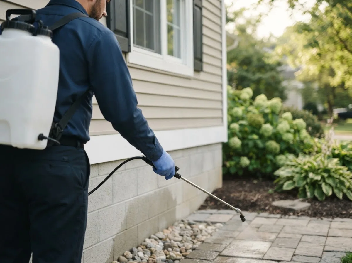 Pest control technician inspecting a home in Dale, WI